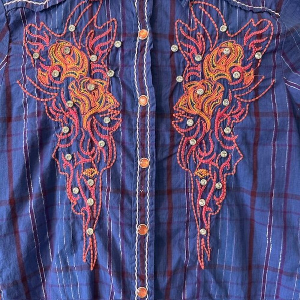 Roar Embroidered Western Plaid Shirt Orange Rhinestone Embellished Button Up Med - Picture 6 of 15